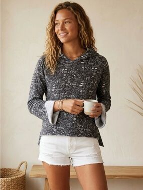 Frank & Eileen Black White Cotton Graphic Raw Edge Pullover Hoodie Small